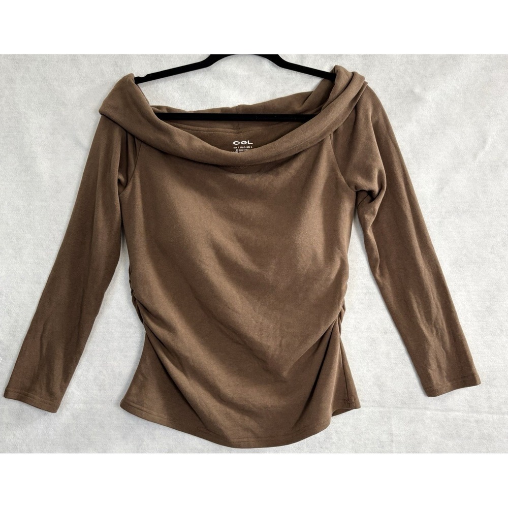 OGL Women Off Shoulder Built in Bra Long Sleeve Ruched Side Top Sz L Brown 1-13